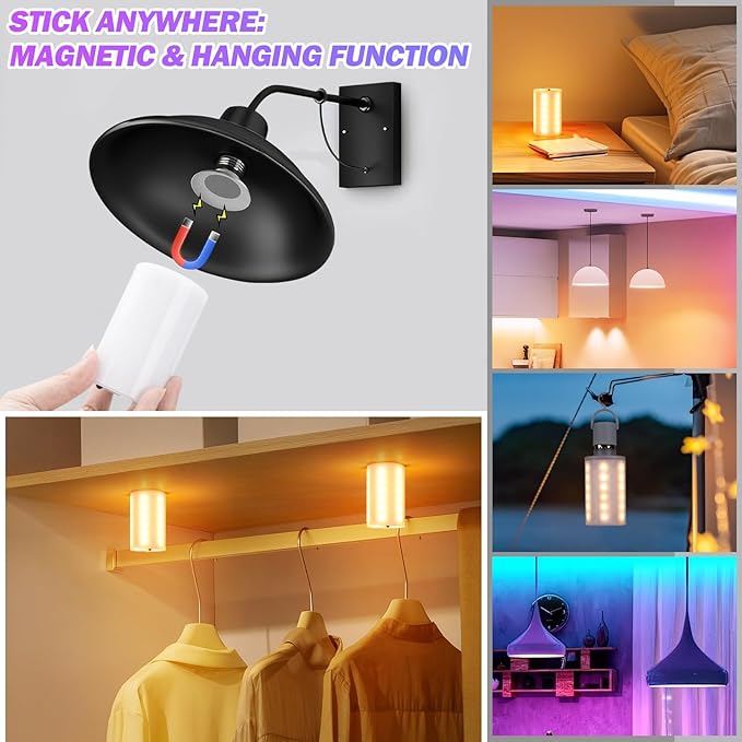 10000mAh Rechargeable Led Corn Light Bulb,Battery Operated Light Bulb with Remote Control, E26, 60W Equivalent, 800Lum, 3 Color Temperatures, 12 RGB, Emergency Lamp, 4PC