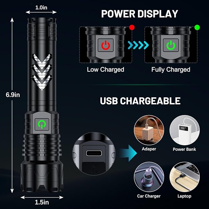 Rechargeable LED Flashlights1600.000 High Lumens, Super Bright Flashlight with Input and Output Functions, Tactical Flashlight for Camping Home Emergencies (Mini, Piece, 1)