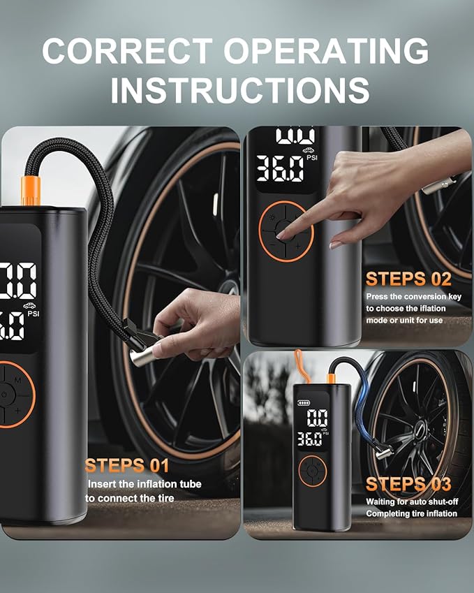 Tire Inflator Portable Air Compressor - 4X Faster Inflation Cordless Mini Air Pump with Digital Pressure Gauge with Digital Pressure Gauge/LED Light Portable Tire Inflator for Car/Moto/Bike/Ball etc.