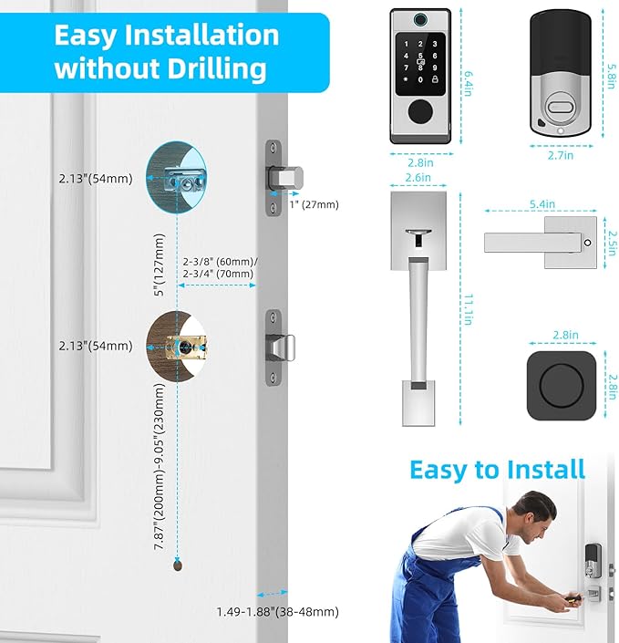 WiFi Front Door Lock Set - Miuedo Keyless Entry Door Locks Handle Set, Fingerprint Smart Alexa Keypad- Smart Deadbolt Lock with Handle Latch - WiFi Access Bluetooth APP-Silver