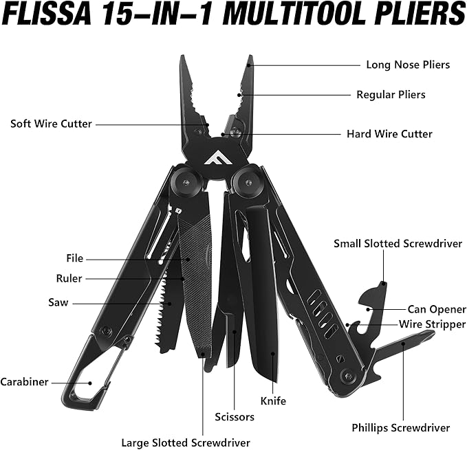 FLISSA 15-in-1 Multi-tool Pliers with Sheath, Portable Pocket Knife with Safety Locking System, Belt Clip and Sheath for Outdoors, Survival, Camping, Fishing, Hunting