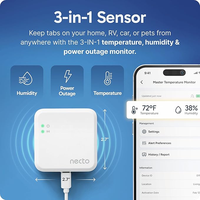 Necto Cellular Temperature Monitor- RV Pet Safety Temp Monitoring System. Remote Power Outage & Humidity Sensor with App Alerts for Car, Camper, Home & Server Room. (2 Year Subscription Included)