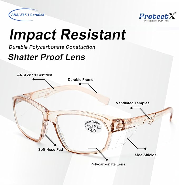 ProtectX Stylish Anti-Fog & Scratch-Resistant Safety Glasses With Readers, UV Protection Goggles, Anti-Impact Lightweight Glasses for Men＆Women Cold Brew Reading 3.0-2 Pack