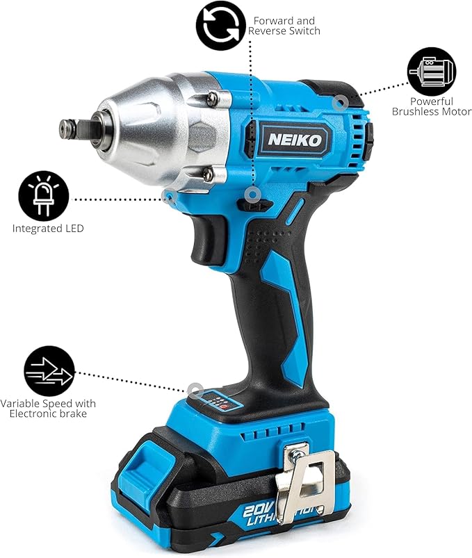 NEIKO 10880A 3/8-Inch-Drive Brushless Cordless Impact Wrench, 20-Volt Compact Impact Wrench with Lithium-Ion Charging Battery, Includes Fast Charger, 3/8 Impact Gun, 3/8 Impact Wrench, Impact Driver