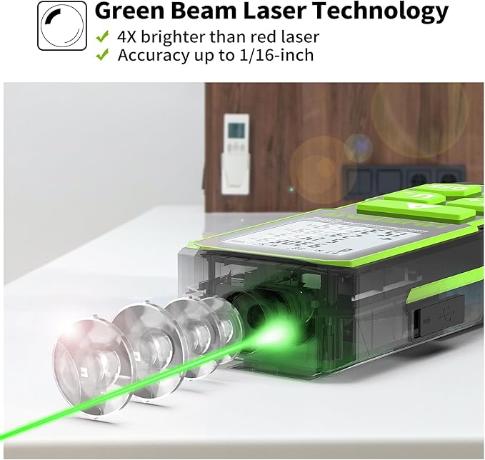 393FT Professional Green Laser Measuring Tool with Angle Sensor, Huepar 1/16in Accuracy Laser Distance Measurement Tool, Digital Laser Room Measuring Device, Laser Distance Meters