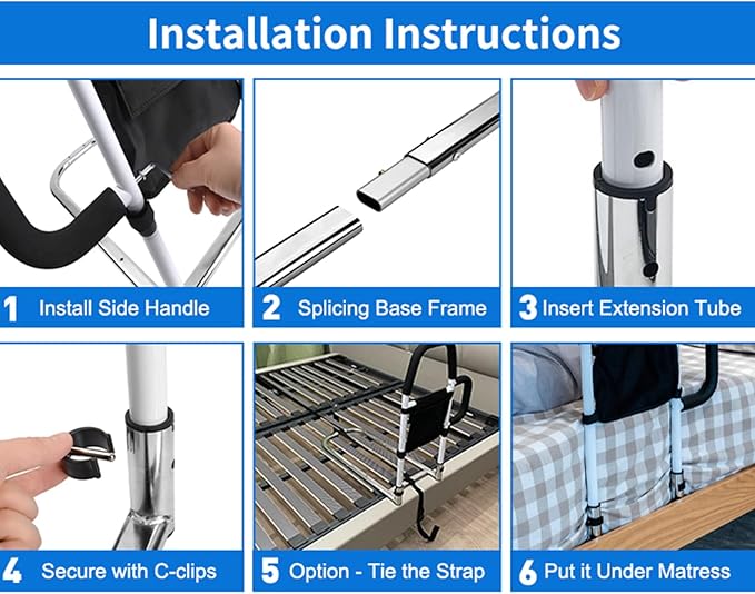 Bed Rails for Elderly Adults Safety - Bed Assist Rail with Dual Handles for Easy Getting in and Out of Bed, Bed Rail with Storage Pockets for King, Queen, Full, Twin - 300 lbs.
