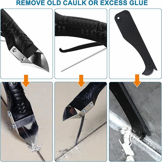 Silicone Caulking Tool,5 in1 caulk remover tool with Grout Scraper,caulking tool kit，Adhesive Residue Scraper Seam Repair Tool Kit for Kitchen Bathroom