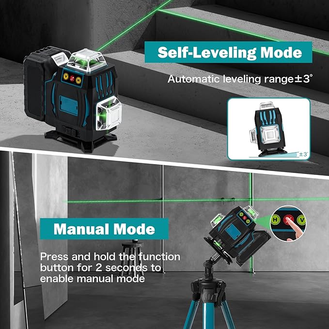 360 ° Laser Level with Tripod, 4D 16 Lines Green Laser Level for Construction, Self-Leveling Tool Equipped with Bluetooth APP and Remote Controller, Complete Kit with Accessories