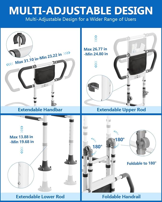 Bed Rails for Elderly Adults Seniors Adjustable Height Safety Rail with 400 Lbs Capacity, Non-Slip Handle & Smart Night Light, Fall Prevention Grab Bar for King Queen Full Twin Beds White