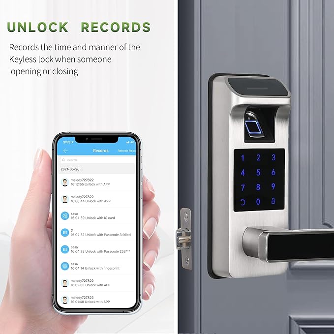 Harfo Smart Door Lock, Heavy Duty 5 in 1 Keyless Entry Door Lock, Full App Control Digital Keypad Lock, Reversible Handle with Fingerprints and Passcodes for Family/Office/Apartment (Satin Nickel)
