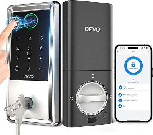 DEVO G6 Smart Lock,Fingerprint Wi-Fi Deadbolt Smart Locks,Touchscreen Keypad Keyless Entry Doors Lock,APP Remote,Auto-Lock,Easy Install Front Door Locks,IP54Waterproof(Silver)