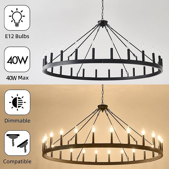 53 Inch Large Black Farmhouse Wagon Wheel Chandelier,24-Light Round Industrial Pendant Light fixtures for Outdoor Porch high Ceilings Living Dining Room Foyer Entryway