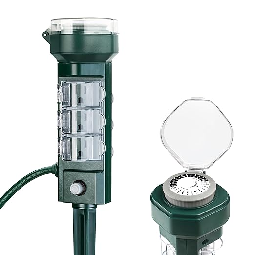 HBN 24 Hour Mechanical Outdoor Tmer for Lights Waterproof,6 Outlets Power Yard Stake for Halloween/Christmas Decorations,Outside Power Strip for Yard Garden,6 ft Extension Cord,1875W/15A