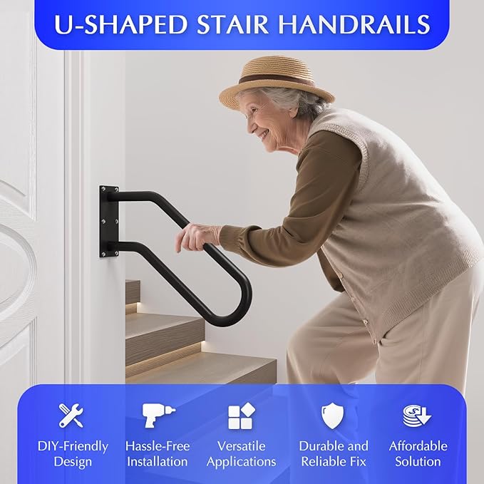 Hand Rails for Outdoor 1-2 Steps, Indoor Stairs, Bathroom, Wall Mount Non-Slip U-Shape Stair Hand Railing Black 1 Pack