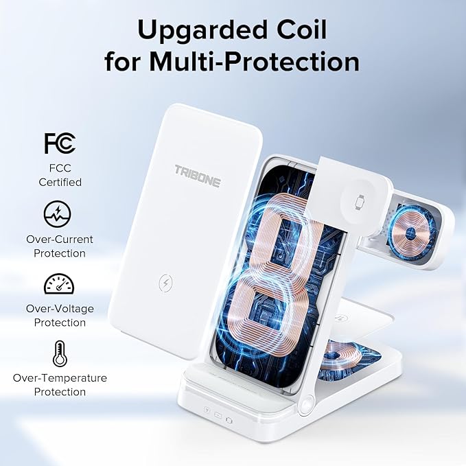 Wireless Charger, Tribone 3 in 1 Foldable Fast Charger for iPhone 16 15 14 13 12 11 Pro Max XR XS 8 Plus,for Multiple Devices，for Apple Watch 10 9 8 7 6 5 4 3 2 SE Ultra,for AirPods Pro 4 3 2 (White)