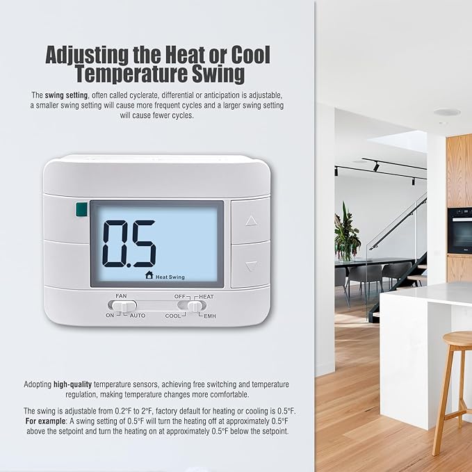 2 Heat/ 1 Cool Non-Programmable Thermostat for Home Heat Pump System and Conventional Single-Stage System, with Room Temperature & Humidity Monitor (White Backlit Screen)