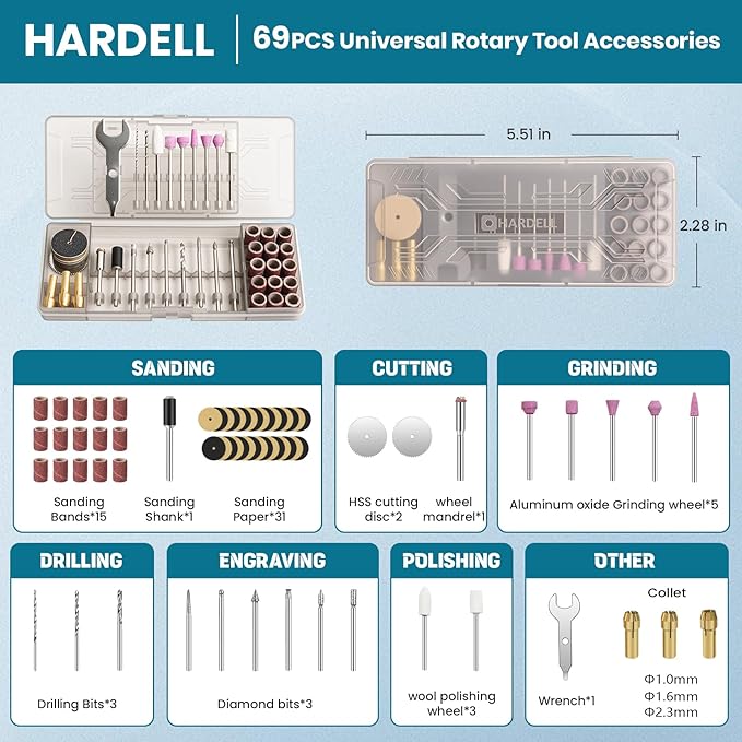 HARDELL Mini Cordless Rotary Tool, 4V Rotary Tool con 5 Speed Display with Type-C Charging, Power Rotary Tool with 69 Accessories for Sanding, Grinding, Engraving, Polishing, Drilling, Cutting, DIY