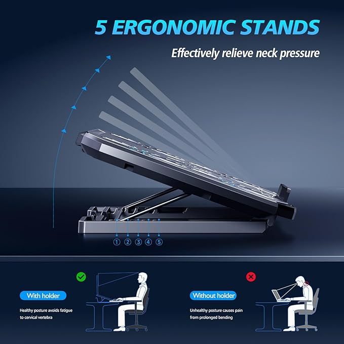 Laptop Cooling Pad,Gaming Laptop Cooler with 5 Quiet Fans for 12-15.6 Inch,Laptop Cooling Stand with 5 Height Adjustable,2 USB Ports, Phone Stand