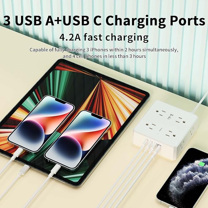 15 Ft Flat Extension Cord, Tcstei Ultra-Thin Flat Plug Surge Protector Power Strip, 3-Sided Outlet Extender, 8 AC Outlets and 4 USB Ports(1 USB C) for Home, Office, Dorm Room Essentials, ETL, White