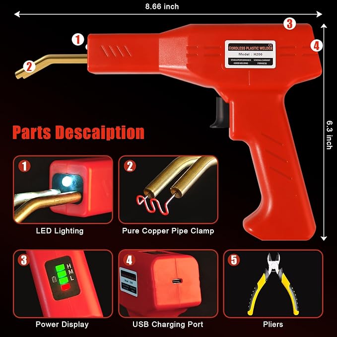 Upgraded 220W Cordless Plastic Welder, 1000PCS Staples, USB Rechargeable Cordless Car Bumper Repair Kit with 5000mAh Battery,Hot Stapler Kit, Plastic Welding Kit, Plastic Repair Kit
