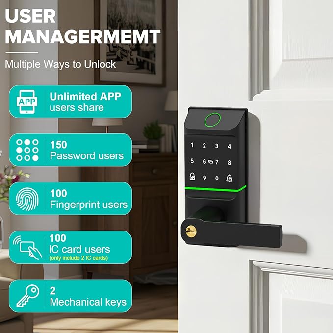 Smart Door Lock Keyless Entry 6 in 1 Electric Biometric Digital Deadbolt APP Fingerprint Touchscreen Keypad IC Card Key Type-C Charging Unlocking for Front Doors Home