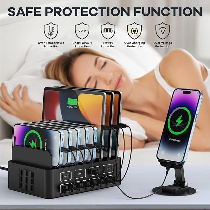 150W/35A Charging Station for Multiple Devices, RUANSZZ 16 Port USB~C Fast Charging Station, Multiple Charger Organizer Compatible with Cell Phone, iPad, Kindle, Tablet and Other Electronic