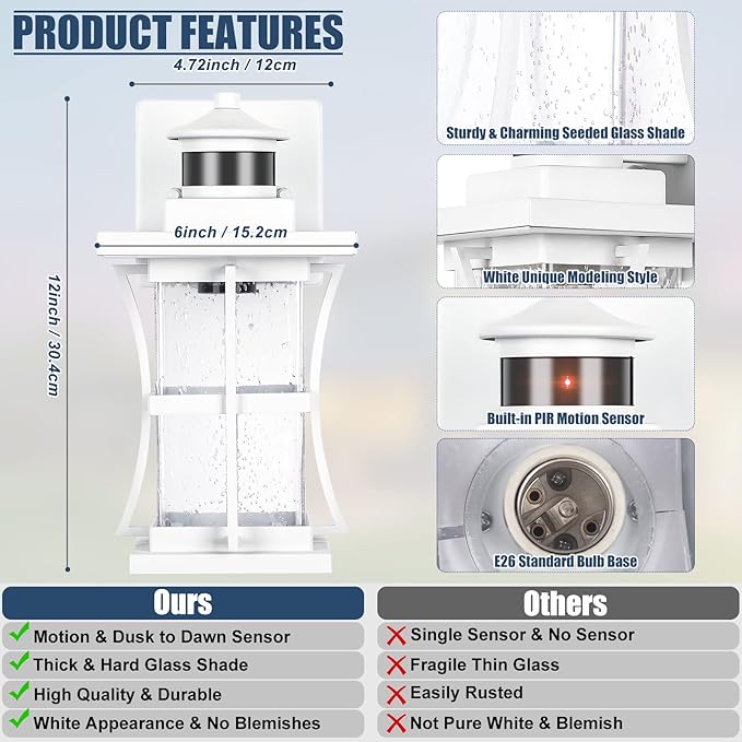 2 Packs White Motion Sensor Outdoor Lights - Advanced Dusk to Dawn Outdoor Lighting, Waterproof Exterior Light Wall Mount Fixtures, Anti-Rust Porch Outside Lights Wall Sconce for House, Garage, Square