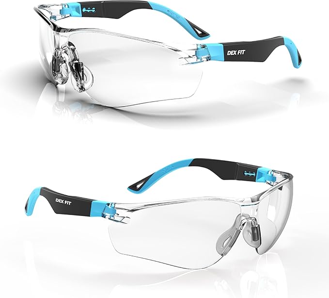 DEX FIT Safety Glasses SG210, Z87 Eye Protection, Anti-Fog & Scratch Resistant, Adjustable for Women and Men, UV Protection (Black & Blue Frame, Clear Lens)