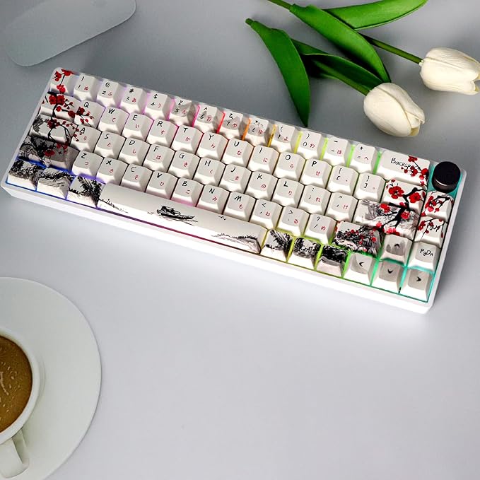 MOLGRIA GK68 68-Key RGB Backlit Gaming Keyboard with Plum Blossom Keycaps, Hot Swappable Red Mechinery Switches, Triple Mode Connection with Knob Mechanical Keyboard for Win/Mac OS
