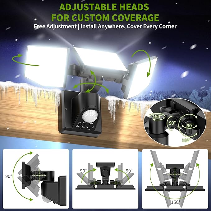 38W LED Security Lights Outdoor with Remote Control, 7500LM Motion Sensor Floodlight, 3 Modes, 6500K, IP65 Waterproof, Dusk to Dawn 3-Head Fixture for Garage, Yard, Porch (Black)
