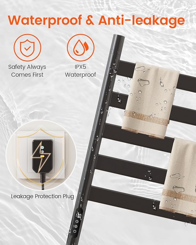 Smart Heated Towel Rack, Black, Stainless Steel, Wall-Mounted, 16.46"L x 16.46"W x 26.57"H, Alexa Compatible, WiFi Remote Control, Touch Panel, 110V, IPX5, Hardwired & Plug-in