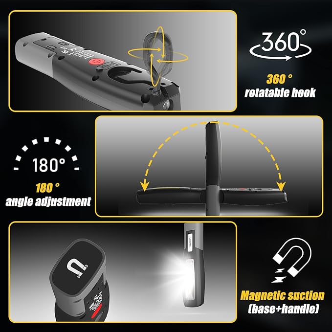 Luasmx Rechargeable Work Light, Magnetic Work Light with 3 Lighting Modes, Portable Hook Mechanic Light for Car Repair/Mechanics/Emergency/Camping