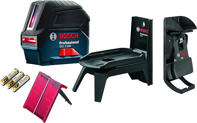 BOSCH GCL 2-160 65 Ft Self-Leveling Cross-Line Laser with Plumb Points, Includes Magnetic Rotating Mount, Ceiling Grid Clip, Laser Target Plate, 3 AA Batteries, & Hard Carrying Case