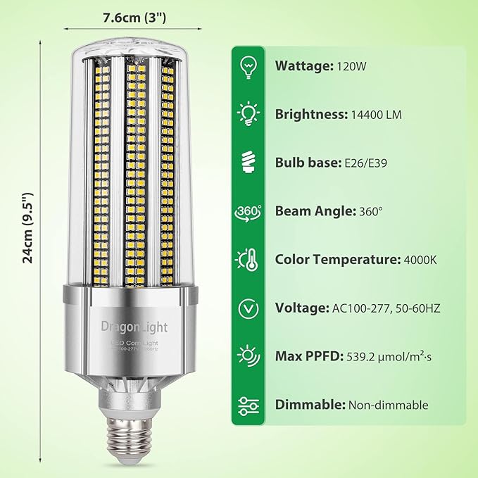 DragonLight 120W Commercial Grade Corn LED Light Bulb(400 Watt MH/HPS Replacement) - E26/E39 Large Mogul Base LED Lamp 4000K 14,400LM - Good for High Bay Area Lighting and Greenhouse Plant Growing