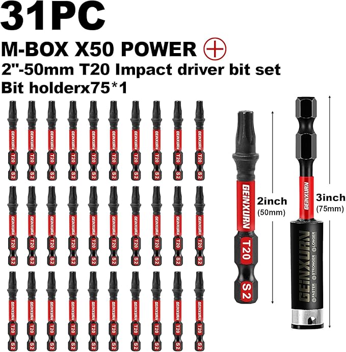30Pieces 2 In. T20 Impact Tough Magnetic Screwdriver Bit Set, #20 Torx Head Power Bits, S2 Alloy Steel Star Bits with 1Pc Impact Bit Holder and Storage M-Box