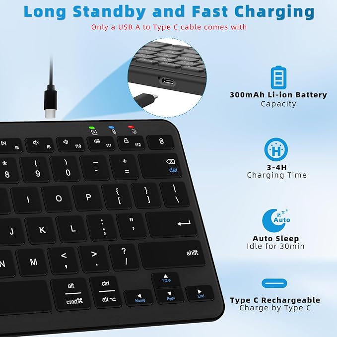 Bluetooth Keyboard, Ultra-Slim Wireless Keyboard for iPad, Rechargeable Ergonomic Computer Keyboard for iOS, Android, Windows PC Tablets Phone, Black