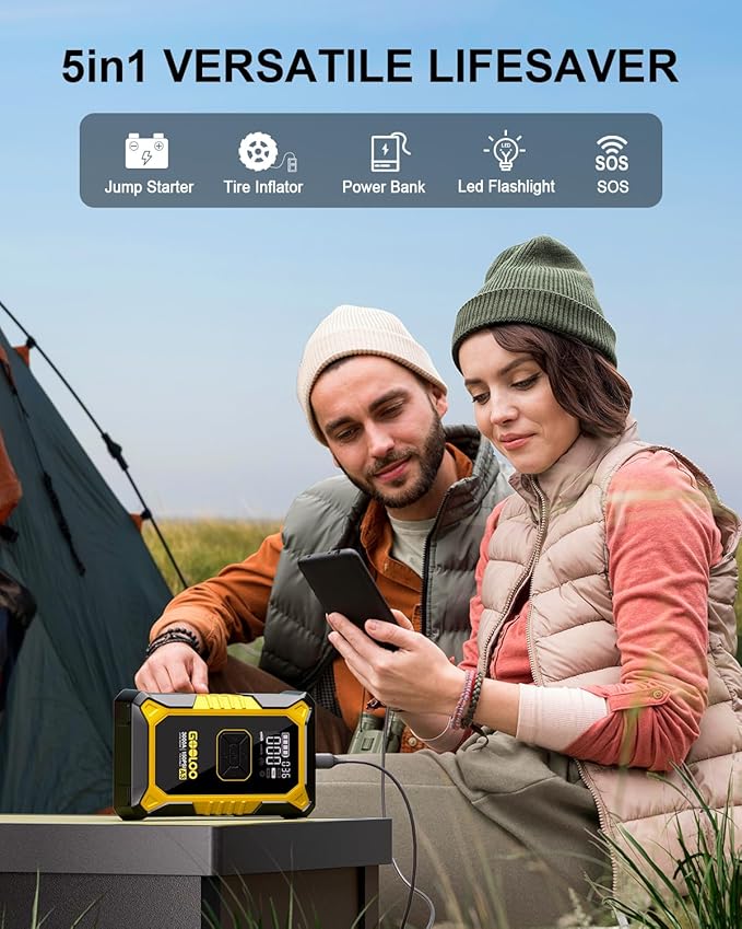 GOOLOO A3 Jump Starter with Air Compressor, 3000A Portable Car Battery Jumper Starter (9.0 Gas/6.5L Diesel) with 150PSI Auto-Shutoff Tire Inflator, 12V Supersafe Lithium Jump Box Car Booster, Yellow