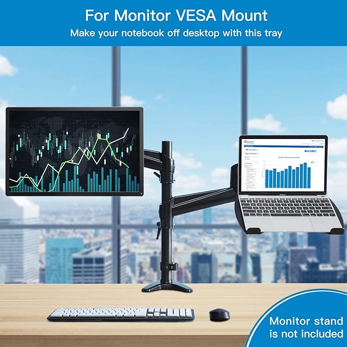 Laptop Tray Steel Notebook Holder for Monitor VESA Mount Stand Fits VESA 100x100 mm Mounting Holes with M4 Screws, 22lbs Capacity with Vented Cooling Platform