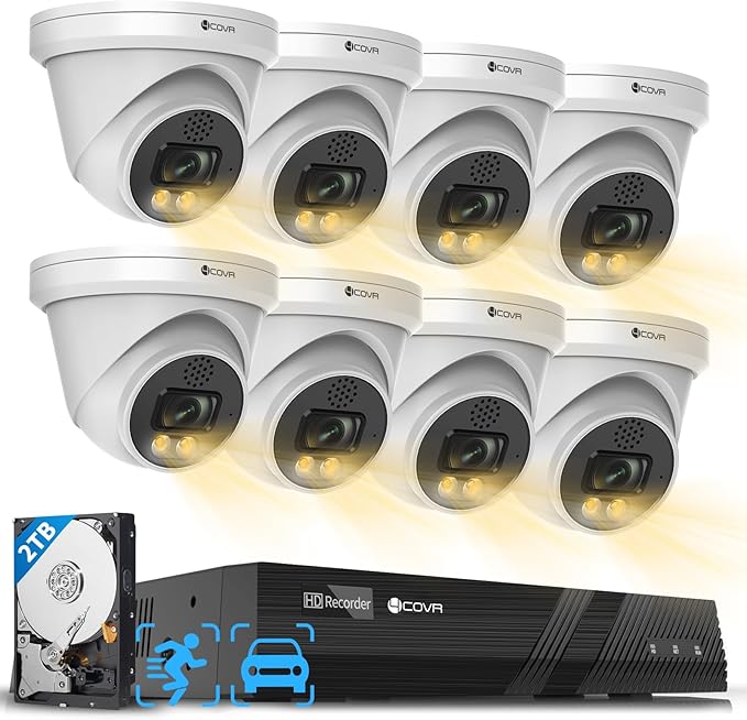 4COVR PoE Security Camera System, 2 Way Audio Talk & Smart Color Night Vision, 8X 5MP IP67 IP Dome Camera, 4K 8CH H.265 NVR 2TB HDD, AI Human Vehicle Detection, 24/7 Recording, LY97KA5M0808