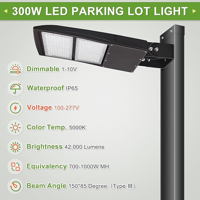 300W LED Parking Lot Shoebox Light, 42000LM, 5000K Daylight, Built-in 20KV Surge Protector, IP65 Waterproof, DLC & UL Listed, 100-277V, Outdoor Commercial Street Pole Light
