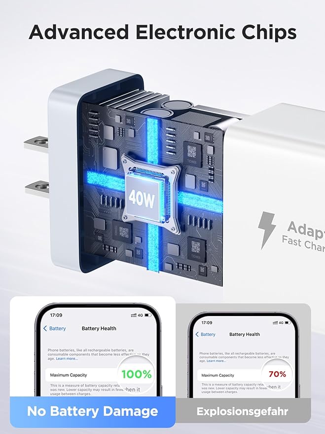 2 Pack USB C Wall Charger, 40W 4-Port USB C Fast Charger Block Dual Port QC+PD 3.0 Power Adapter, Multiport Type C Brick Charger with Lightning Cable for iPhone 14 13 12 11 Pro Max XS XR X 8 7 6 Plus