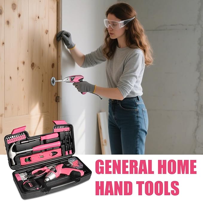 Pink Tool Kit with 3.6V USB Electric Screwdriver, 112 PCS Home Tool Set with Cordless Drill Set, Hand Tool Kits for Women