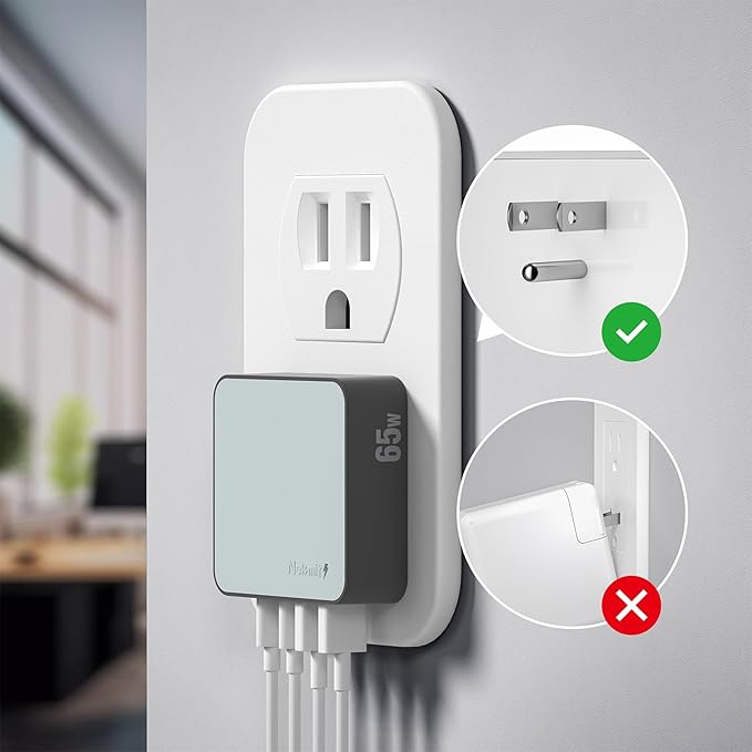 Nekmit 65W USB C Charger Block, 4 Port Flat Wall Charger with USB C and USB A, Multiport GaN Fast Charger for iPhone 16/15/14 Pro Max, iPad Pro, MacBook Pro/Air, AirPods, Galaxy and More, Blue