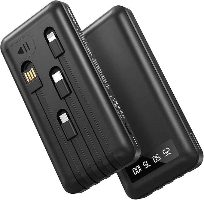 Portable Charger Power Bank with 4 Built in Cables, 38800mAh 22.5W External Battery Pack, USB C Slim Fast Charging, Travel Phone Charger for iPhone 16/15/14 Samsung Android iPad etc Black