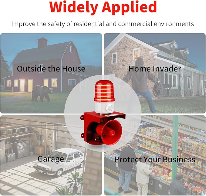 Motion Sensor Alarm with Human Detection,120dB Adjustable Siren & LED Strobe Lights Outdoor Security Alarm for Home Theft,Animal Intrusion,Garden Protection,Property Protection,AC110V with Plug