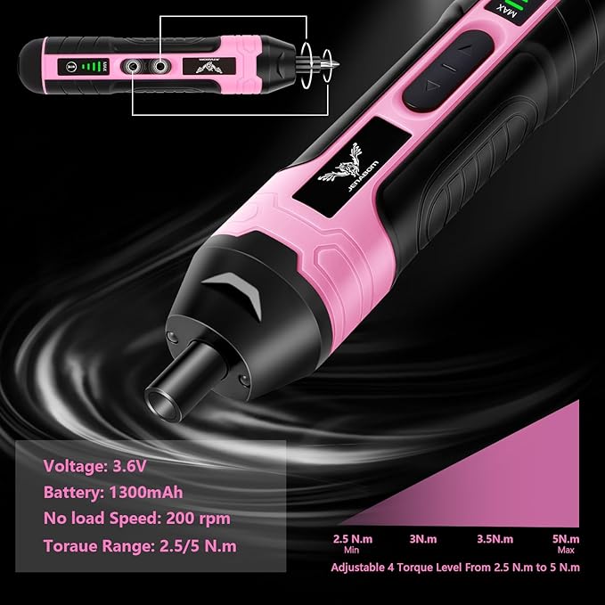 Electric Screwdriver Pink, 3.6V Rechargeable Cordless Screwdriver, 5N.m Max Torque, 4-Gear Torque, LED Light, 20 Pcs, Ideal for Women Daily & Light Industrial Use