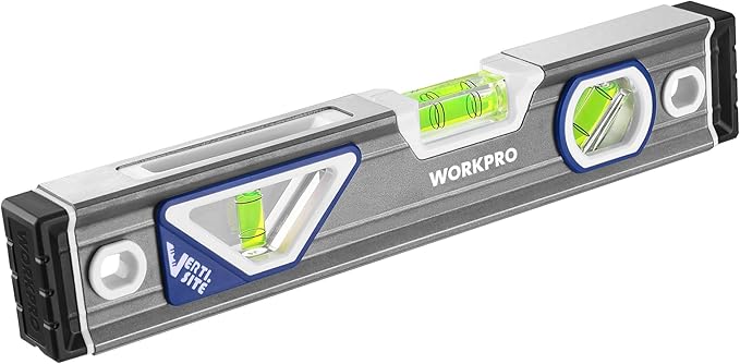 WORKPRO 10 Inch Torpedo Level, Small leveler tool with 3 Different Bubbles 45°/90°/180°, bubble level With Shock Absorbing End Caps, V-Groove for Conduit Bending, Silver/White/Blue