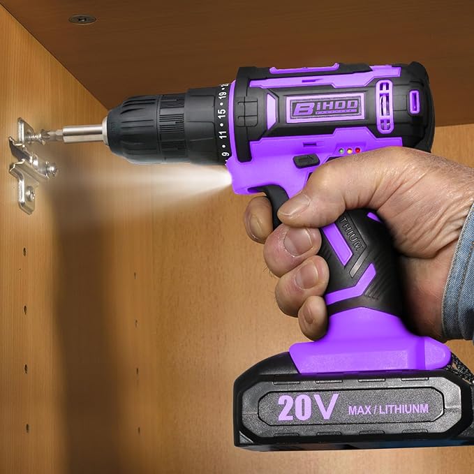 Purple 20v Cordless Drill With Battery And Charger, Electric Screwdriver Kit, 25+1 Torque, Stud Finder Ready,Front LED Light