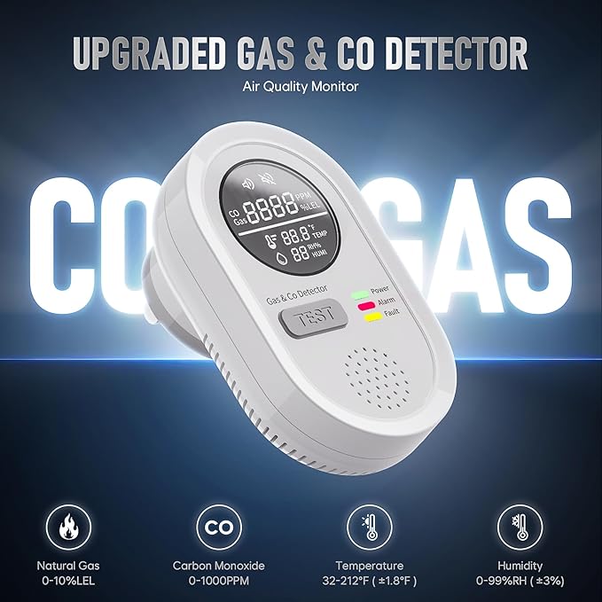 Carbon Monoxide Detectors, Plug in CO and Natural Gas Detector, Combination Gas & Carbon Monoxide Detectors with Alarm - Portable 4 in 1 CO & Gas Detector with Temperature/Humidity for Home/Travel/RV