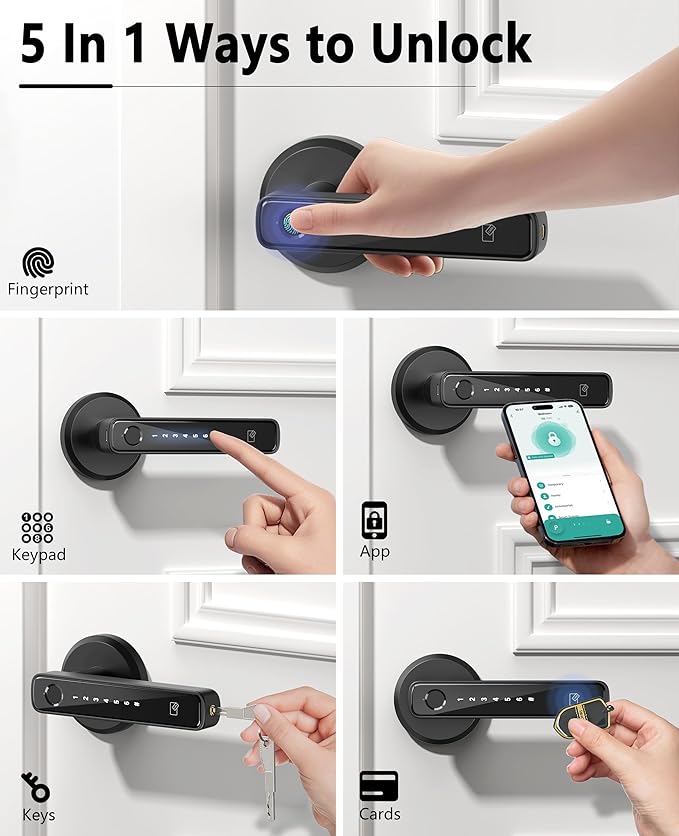 Asidrama Smart Fingerprint Door Lock with Keypad Handle - Keyless Entry via Biometric, APP, Code, Keys & Card for Bedroom, Office, Hotel, Apartment - Black